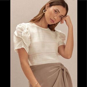 Puff Sleeve Top Cream Striped Large New